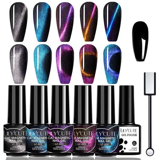 LILYCUTE 7Pcs/Set Cat Magnetic Gel Nail Polish Sparking Semi-Transparent Blue Purple Effect Soak Off UV Gel Varnish Nail Art Kit