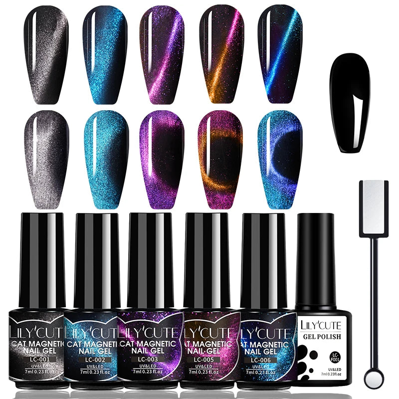 LILYCUTE 7Pcs/Set Cat Magnetic Gel Nail Polish Sparking Semi-Transparent Blue Purple Effect Soak Off UV Gel Varnish Nail Art Kit