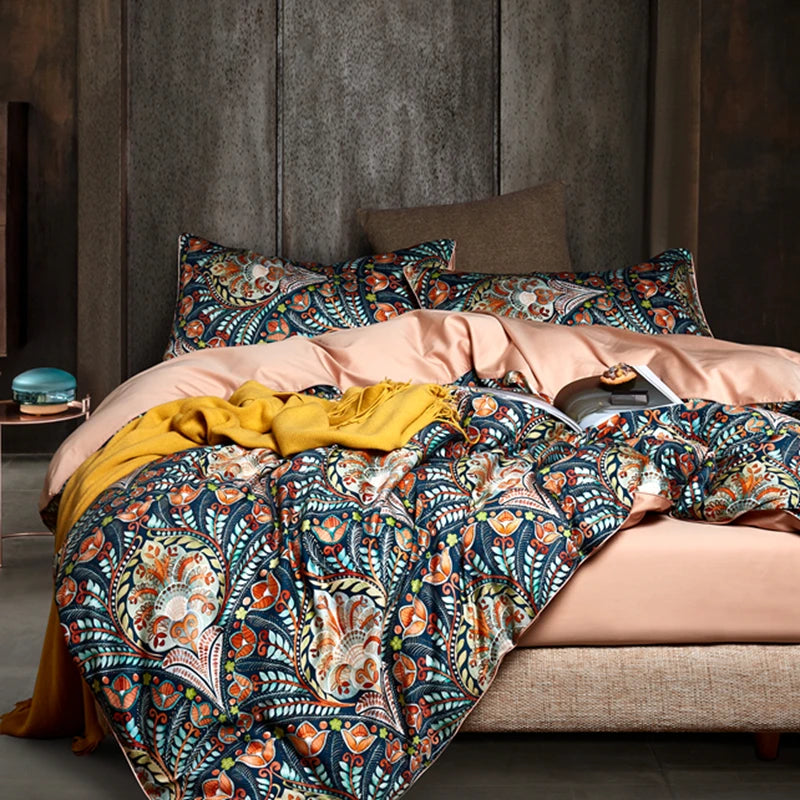 Egyptian Cotton Flower Bird Digital Printing Bedding Sets, Bed Linen Duvet Cover Set, Luxury Bed Sheets, Pillowcase, 600TC, 4Pcs