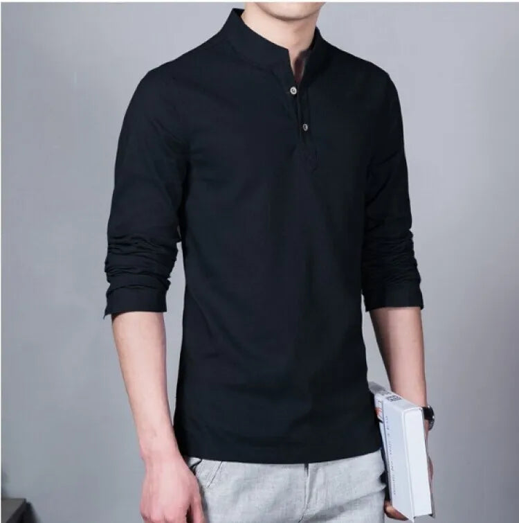 Men’s Solid-color Cotton Linen Shirt Long Sleeve Plus Size Casual