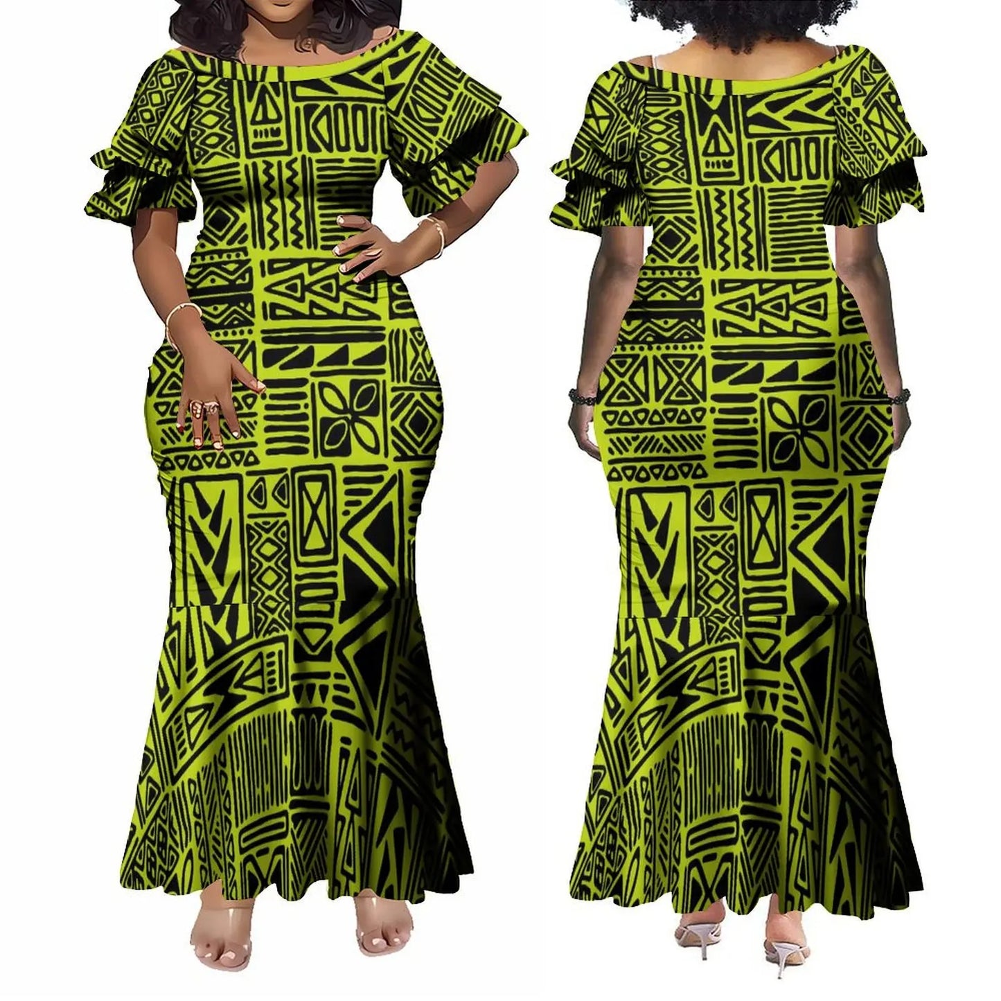 Custom Polynesian Tribal Couple Set Samoan Women'S Temperament Slim Dress Women'S Mermaid Maxi Skirt Men'S Shirt