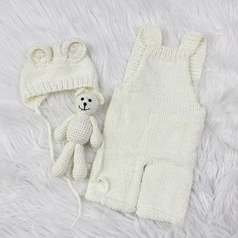 3pcs Baby Cute Costume Newborn Photography Props Crochet Knitted Bear Ear Hat, Bear Doll and Overalls Sets Studio Photos Outfits