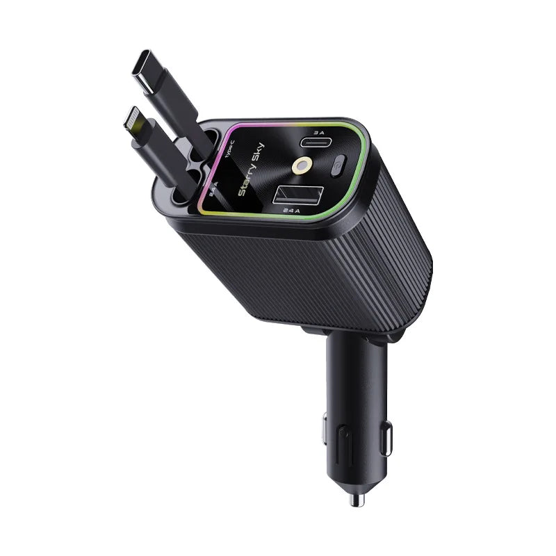 New Starlight in Car Roof Retractable Car Charger,66W 4 in 1 Fast Car Phone Charger,2 Retractable Cables & USB-C Charger Adapter