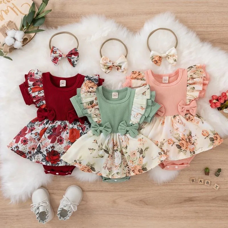 Summer Baby Girl Dress With Bowknot headband Striped Jumpsuit Cotton Dress For Newborn Floral Clothes Baby Crawling Clothes