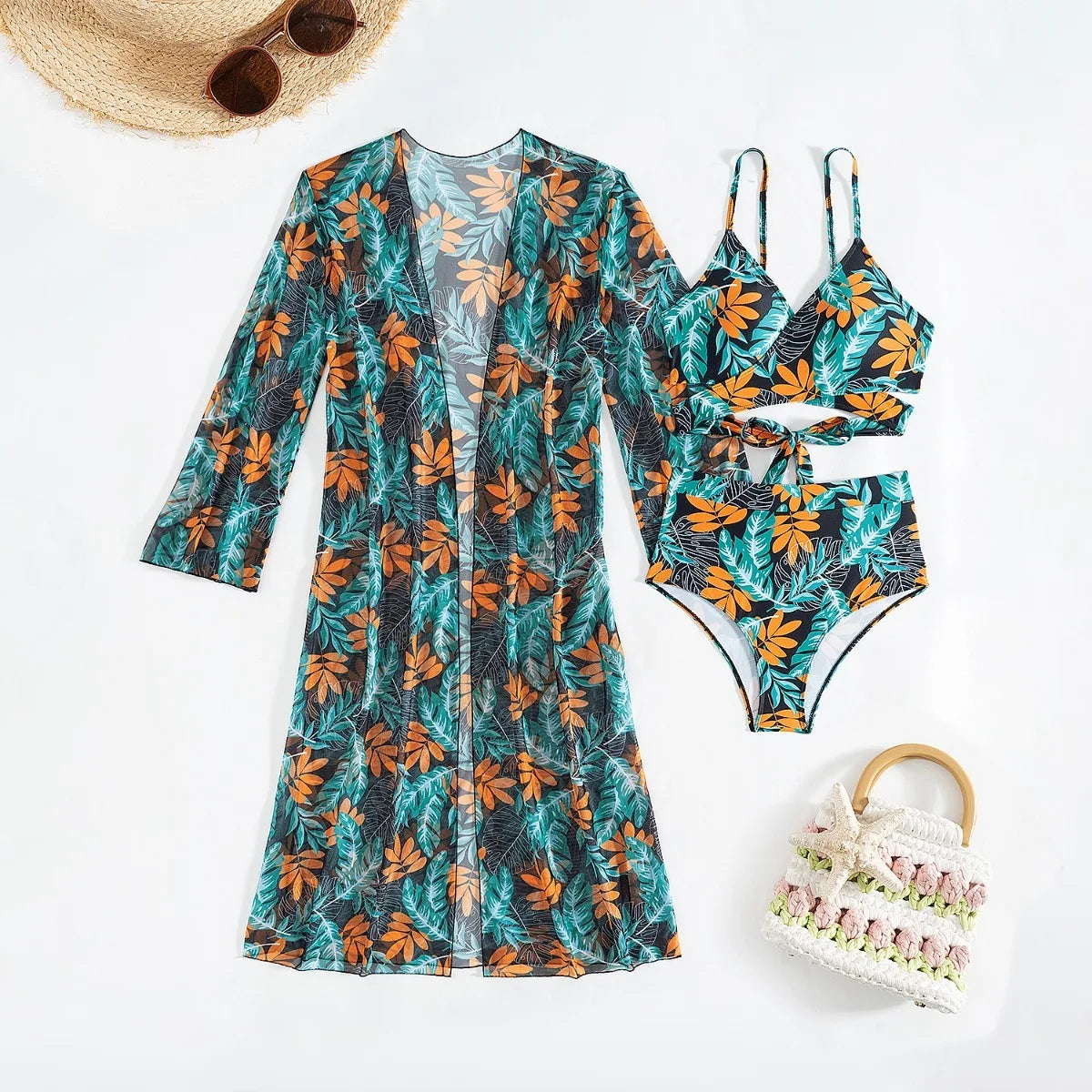 Women 3 Pieces Underwire Floral Bikini Set V Neck High Waist Swimsuit With Long Sleeve Kimono Cover Up Beach Bathing Suit