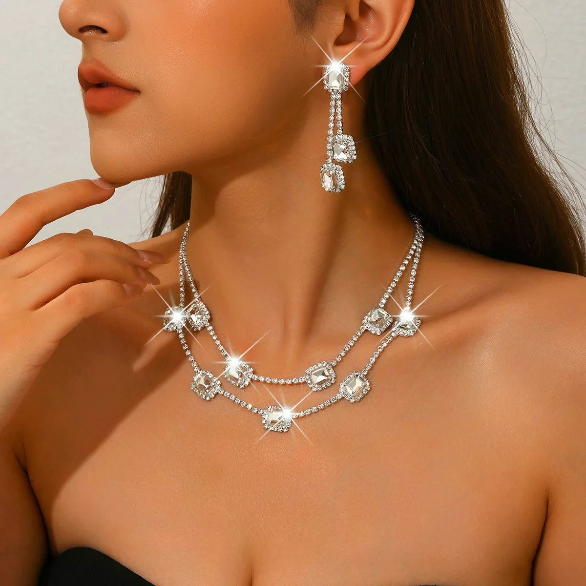 3 pieces of ladies' jewelry set, crystal and diamond necklace and earring set, bridal wedding party jewelry, daily wear jewelry