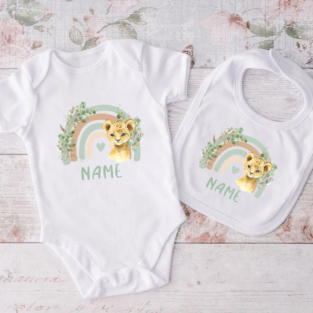 Personalized Matching Baby Bib & Romper Custom Name Animal Rainbow Printen Newborn Bibs Bodysuit Set Infant Shower Gift 2 Pcs