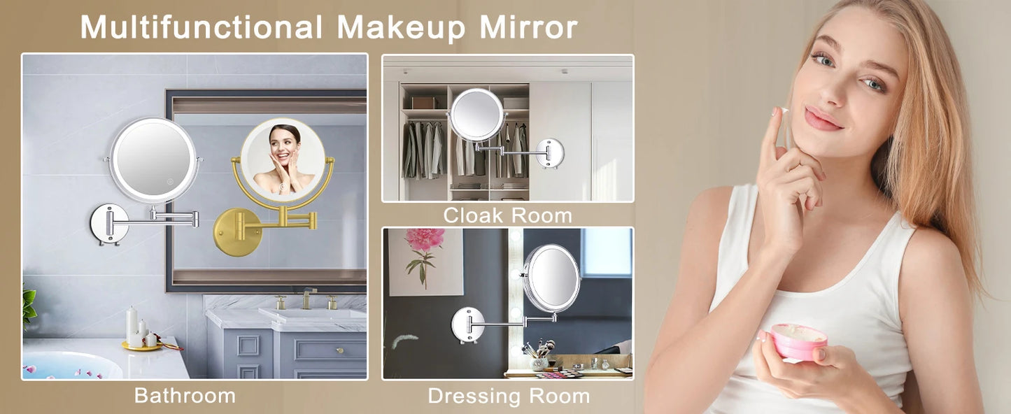 Self Priming Led Folding Bathroom Mirror Wall Mounted Light Bathroom Makeup Mirror 8 Inch 3X Magnifying Arm Extend Bath Mirrors