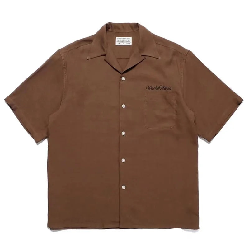 High-end Summer WACKO MARIA Solid Color Cursive wackomaria Embroidery Logo Simple Hawaii Short Sleeve Shirt