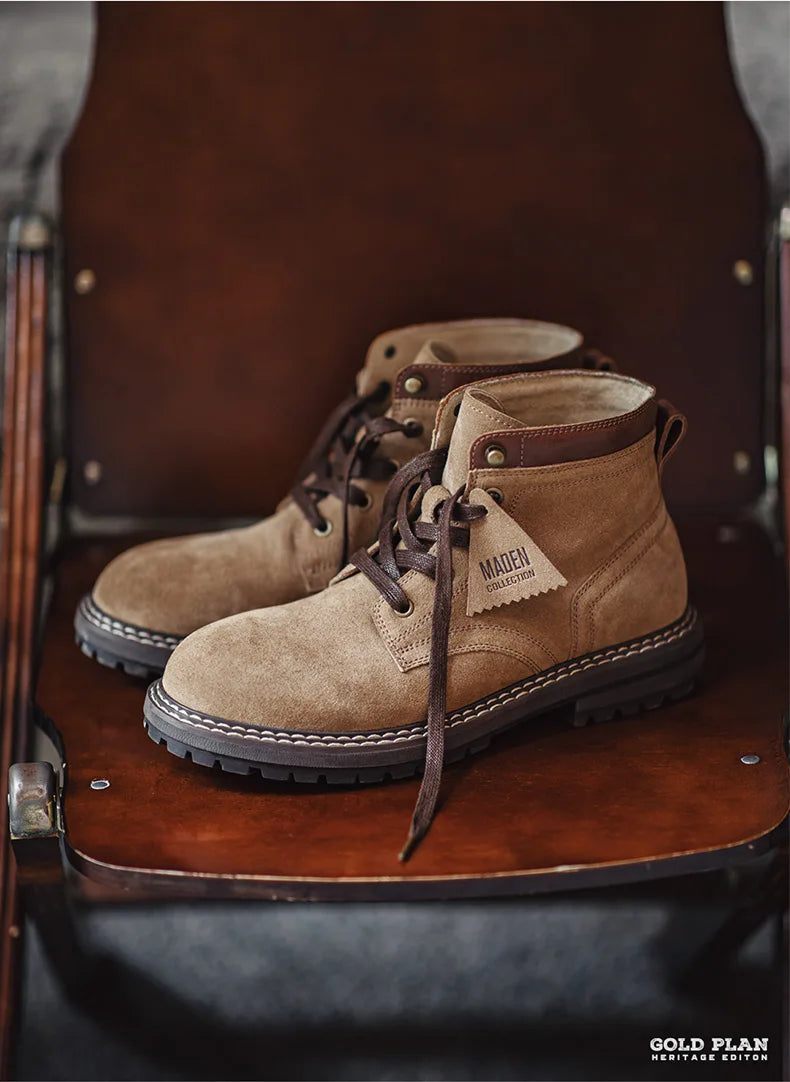 Maden Autumn and Winter Mid-top Work Boots for Men Round-toed Flat-heeled Boots Retro Outdoor Shoes Wear-resistant Rubber Sole