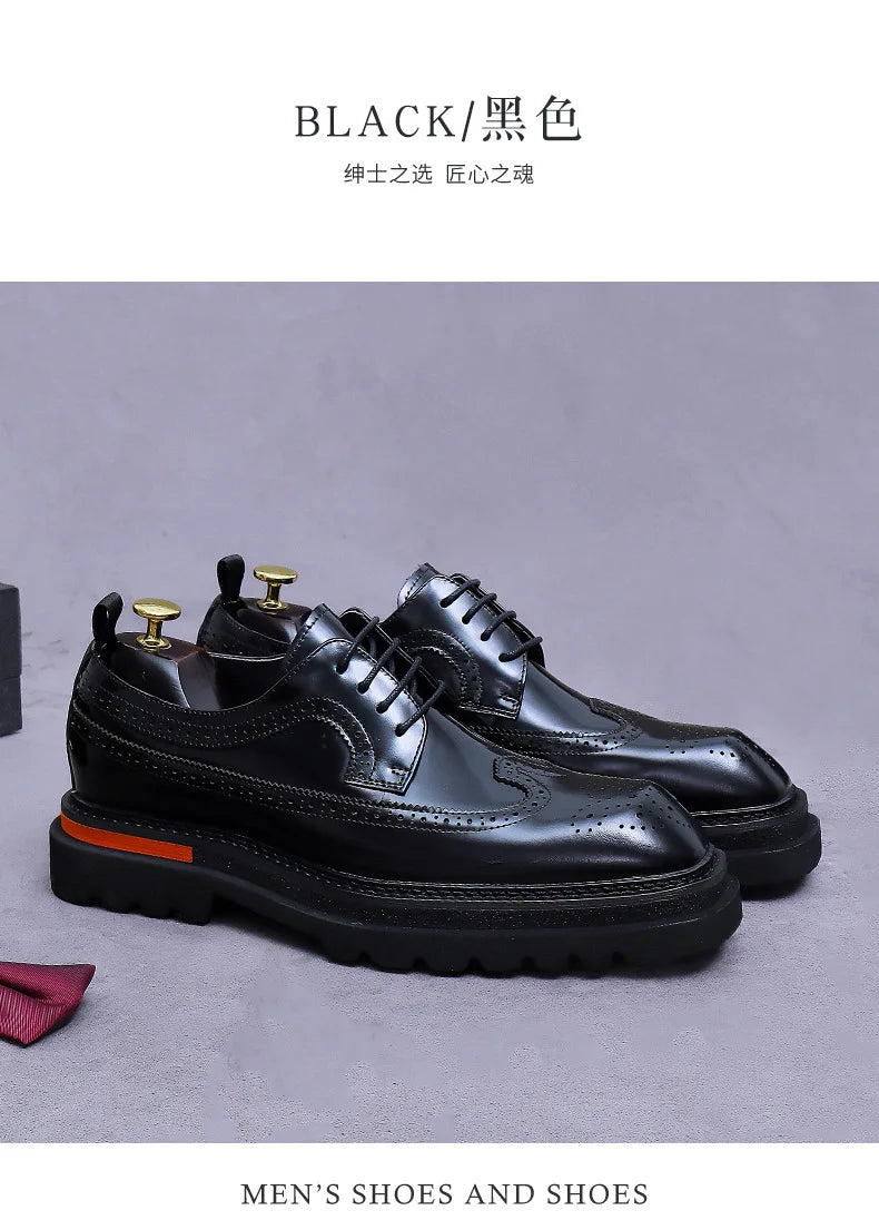 Men's Brogue Platform Oxford Shoes Genuine Leather Thick Sole Formal Dress Shoes for Men Business Casual Lace Up Luxury Oxfords