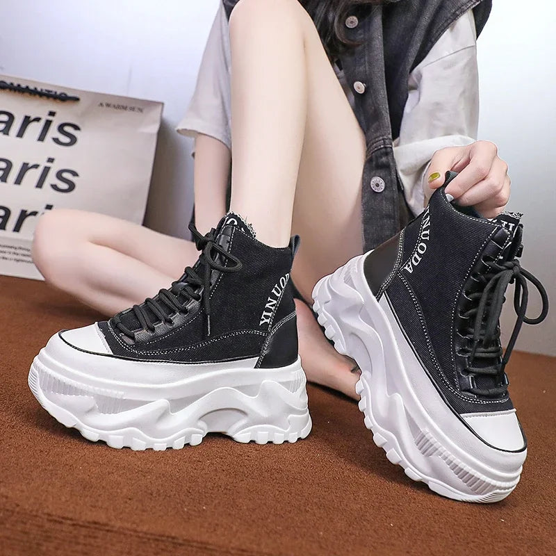 Women Sneakers High Top Platform Breathable Leather Shoes 2023 Autumn Ladies Wedges Casual Shoes For Woman Sports Dad Shoes 8CM