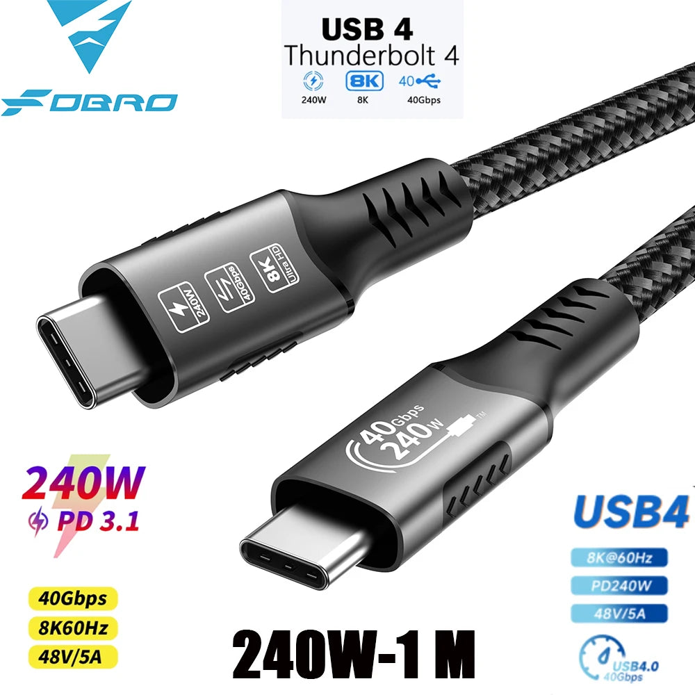 USB4 Cable 40Gbps 48V 240W For Thunderbolt 4 Type C Fast Charging Cable Thunderbolt3 USB C to C Data Transfer Cable For laptop
