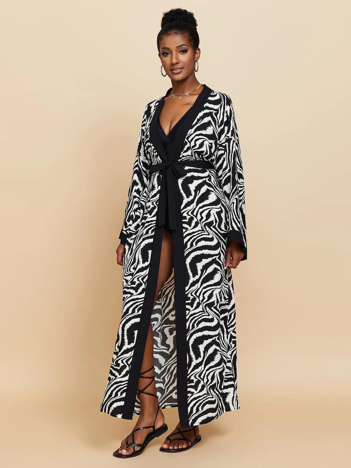 Zebra Beach Cover Ups for Women Long Sleeve Kimono Dress Self Belted Rayon Elegant Pareo 2023 Bathing Suits Holiday Beachwear