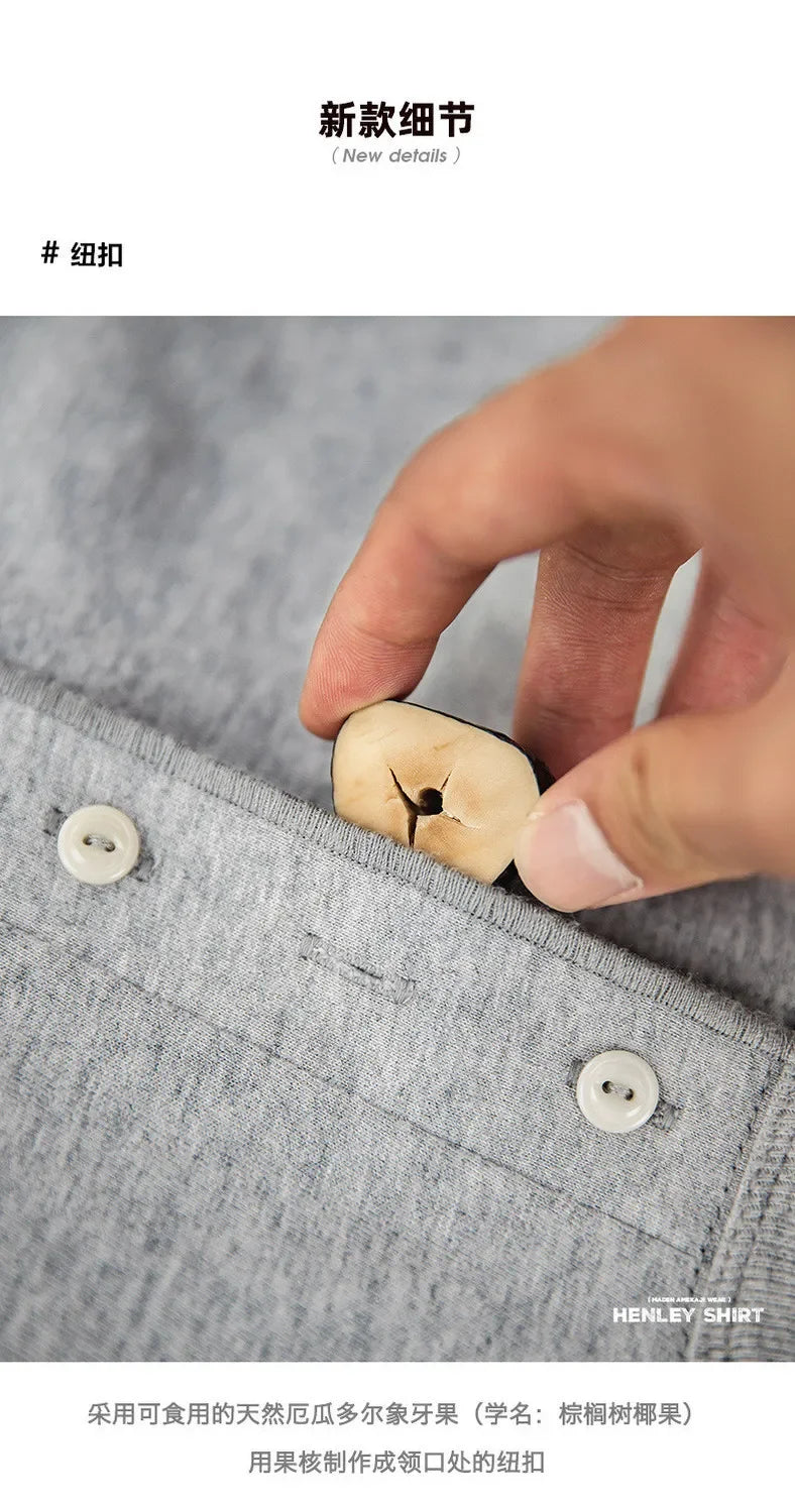 Vintage Daily Stand Neck T-shirt Men's Solid Patchwork Button Trendy Temperament Simple Cotton Long Sleeved Top JJ356