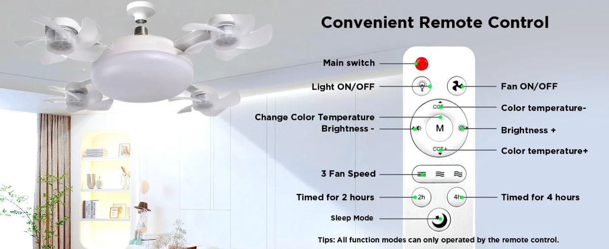 E27 Socket Ceiling Fan 2-in-1 Silent LED Fan with Remote Control 3-Color 3-Speeds Adjustable Ceiling Fanlight for Home Bedroom