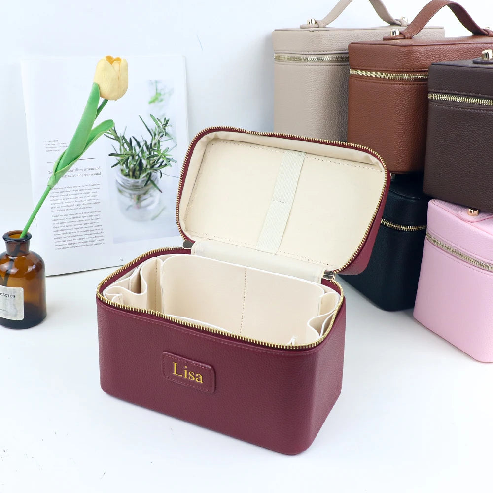Customized name PU leather makeup bag with compartmentalized storage design, large capacity, and includes a makeup bag.