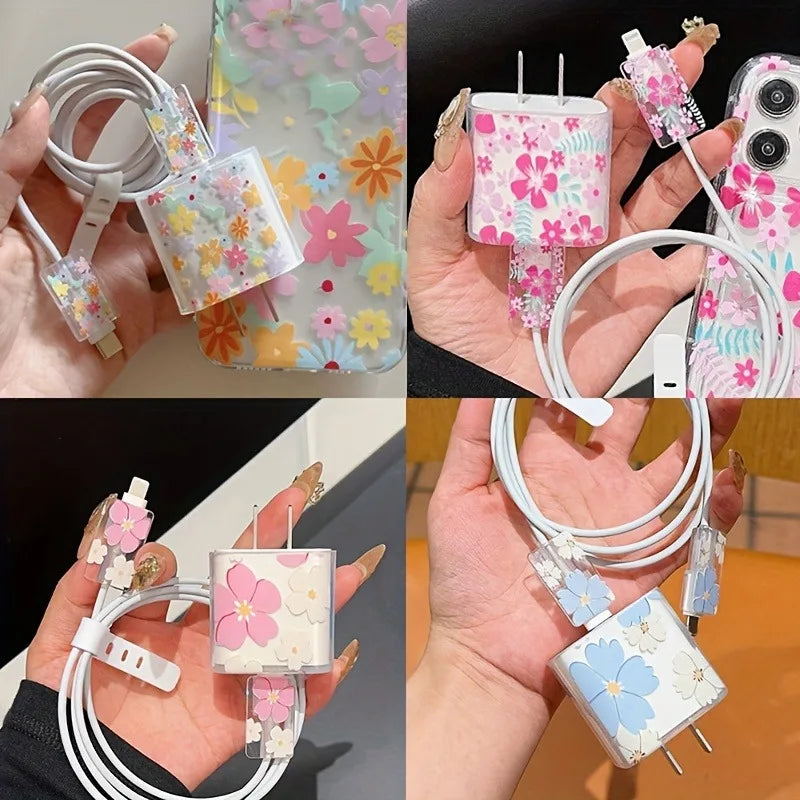 Fashion Flowers Print Charging Data Cable Protector Case For iPhone 18W 20W Charger Protective Cover Winder Accessories Sleeve