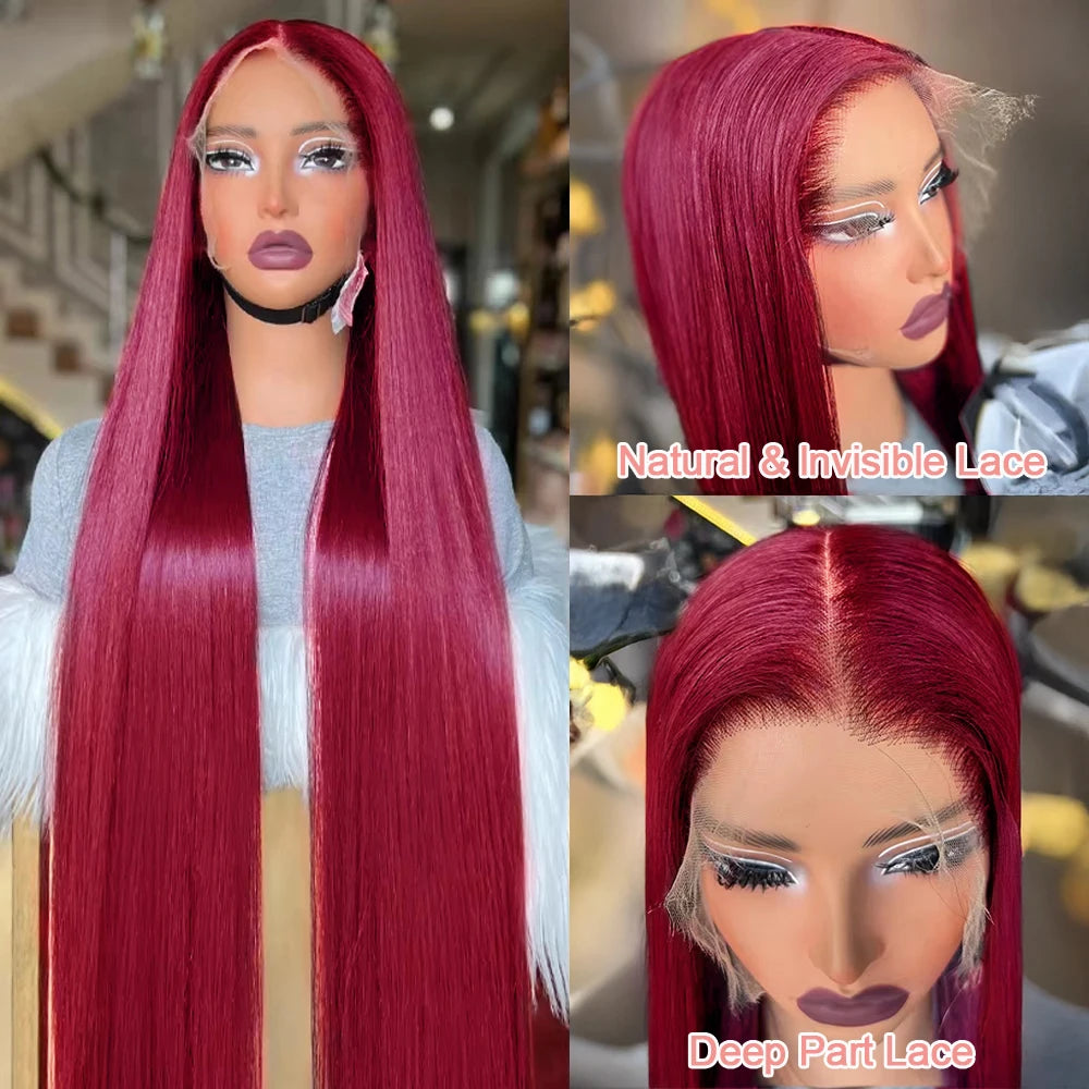 Burgundy Transparent Lace Frontal Human Hair Wig 7x5 Glueless Red 99J Straight Colored 13x4 Lace Front Human Hair Wigs For Women