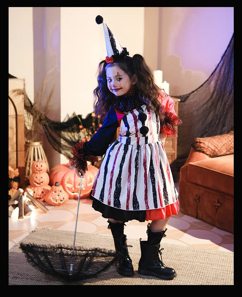 Halloween Cosplay Costumes Horror Clown Dresses Pants Headwear Clothes Sets Carnival Theme Party Role Playing Outfits for Girls