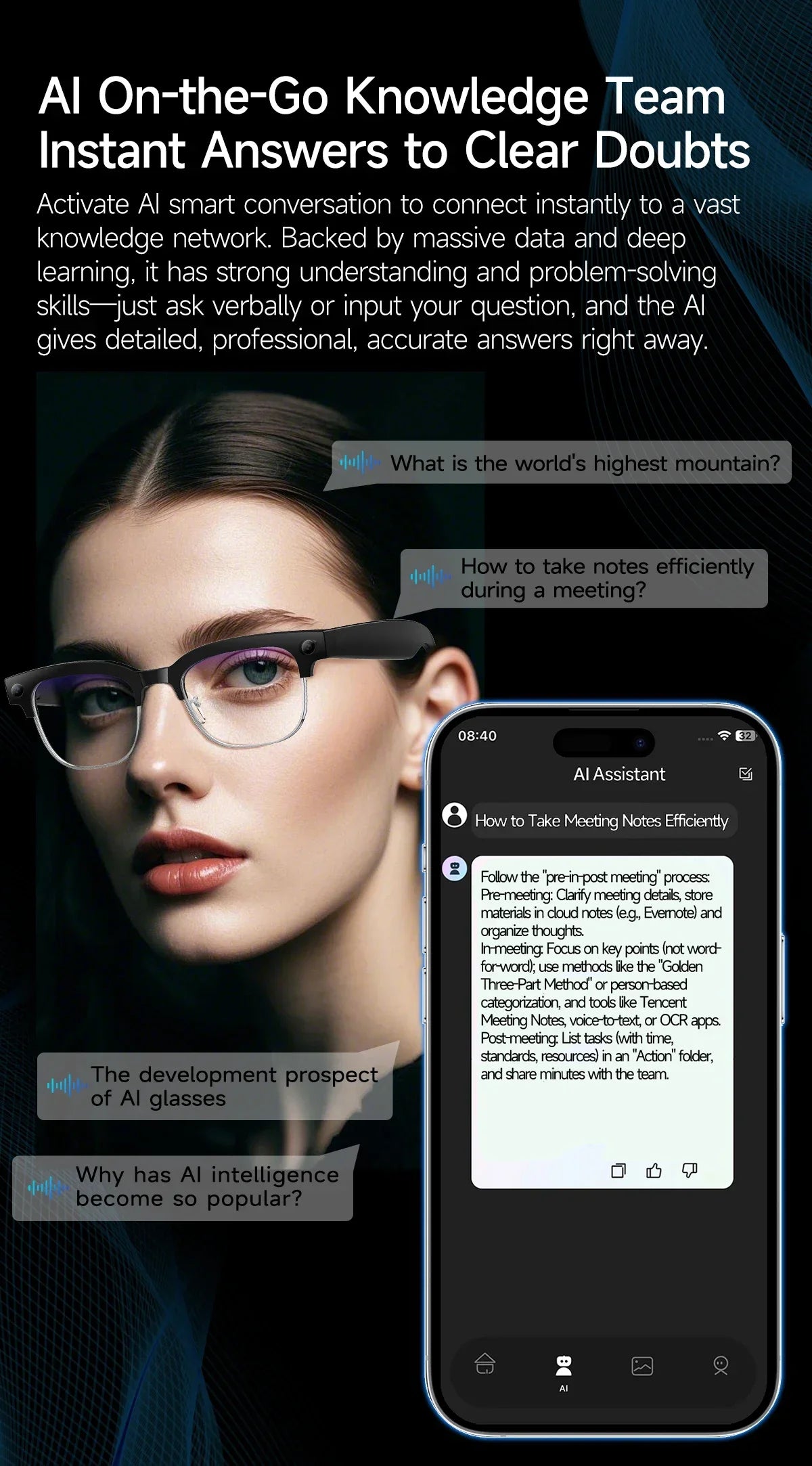2025 New Intelligent AI Glasses 800W Pixel Camera HD 4K Video Recording AI Translation Music Control Intelligent Wearable Device