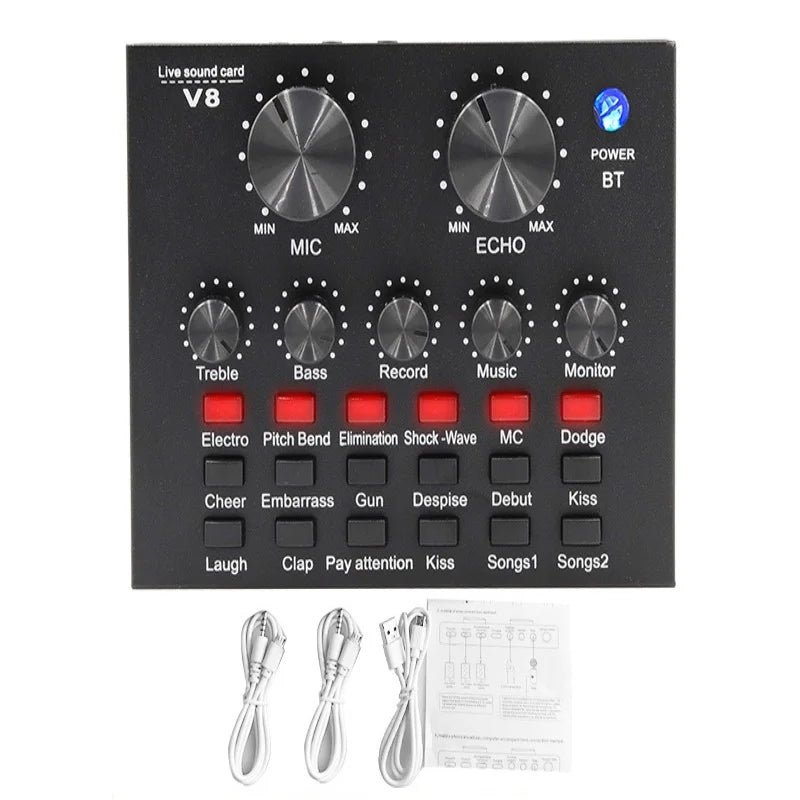 V8 Sound Card Audio Set Interface External Usb Live Microphone Sound Card Bluetooth Function For Computer Pc Mobile Phone Singin
