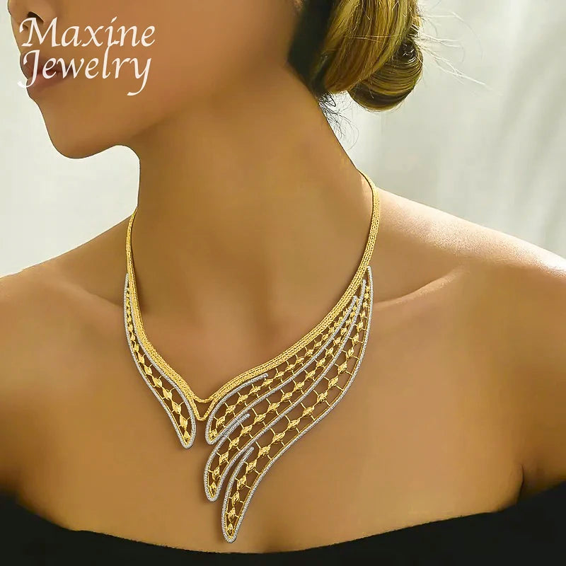 Feather Two Tones Geometric Design Jewelry Set Women Collar Necklace Earring Bracelet Ring African Bridal Wedding Party Gifts