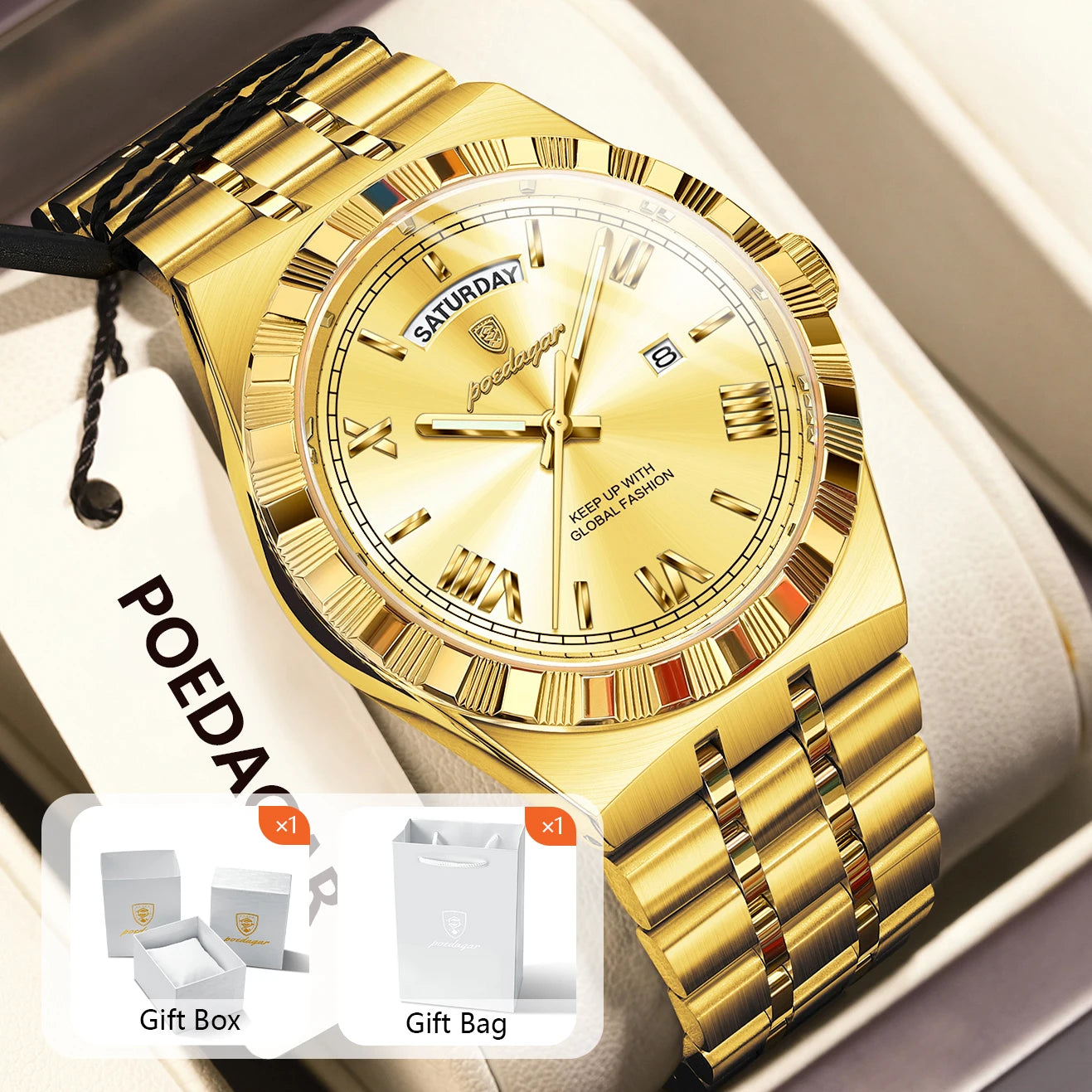 POEDAGAR Original Male Watch Luminous Waterproof Week Date Men Wristwatch Stainless Steel Business Quartz Men's Watches Gift+Box