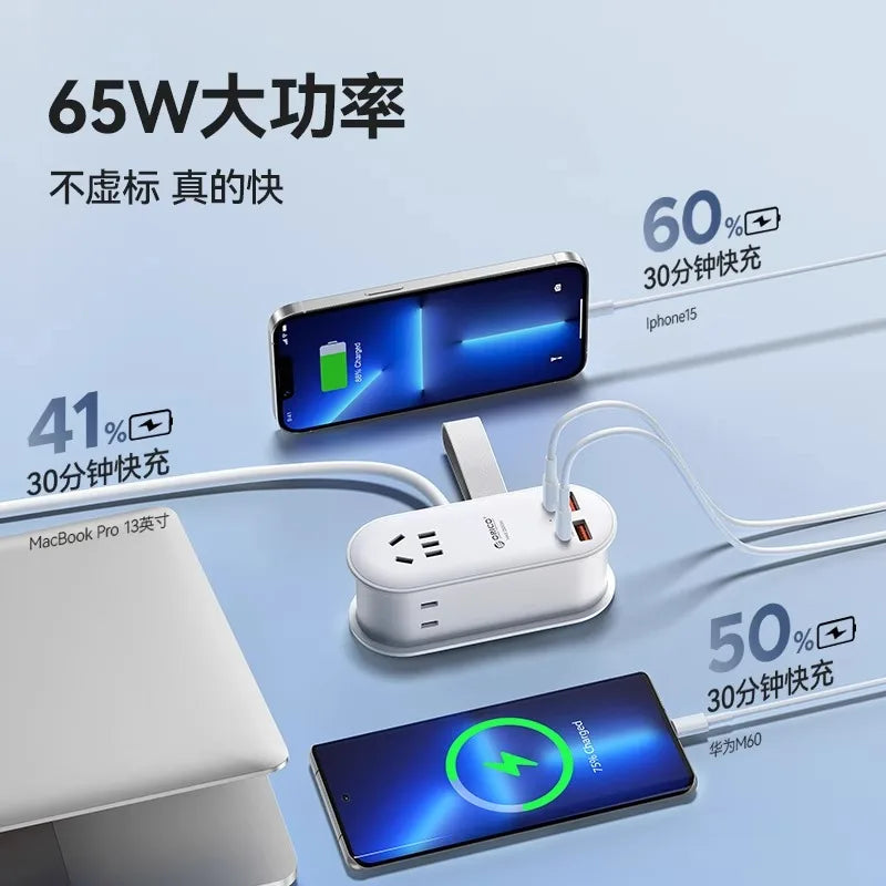 65W GaN Fast Charging Power Strip 7-in-1 Multi USB-A/C Port for Phone Laptop with Overcharge Protection Portable Travel Adapter