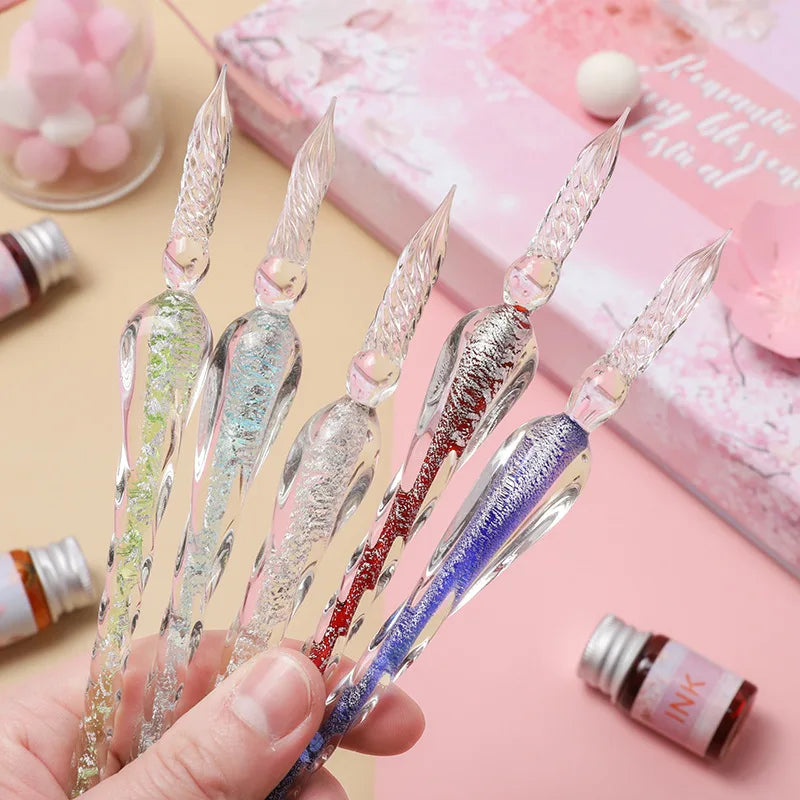 2022 Sakura Glass Dip Pen Set 2Pcs Crystal Glass Pens with 12 Gold Powder Inks for Signatures Drawing Caligraphy Kit Gifts