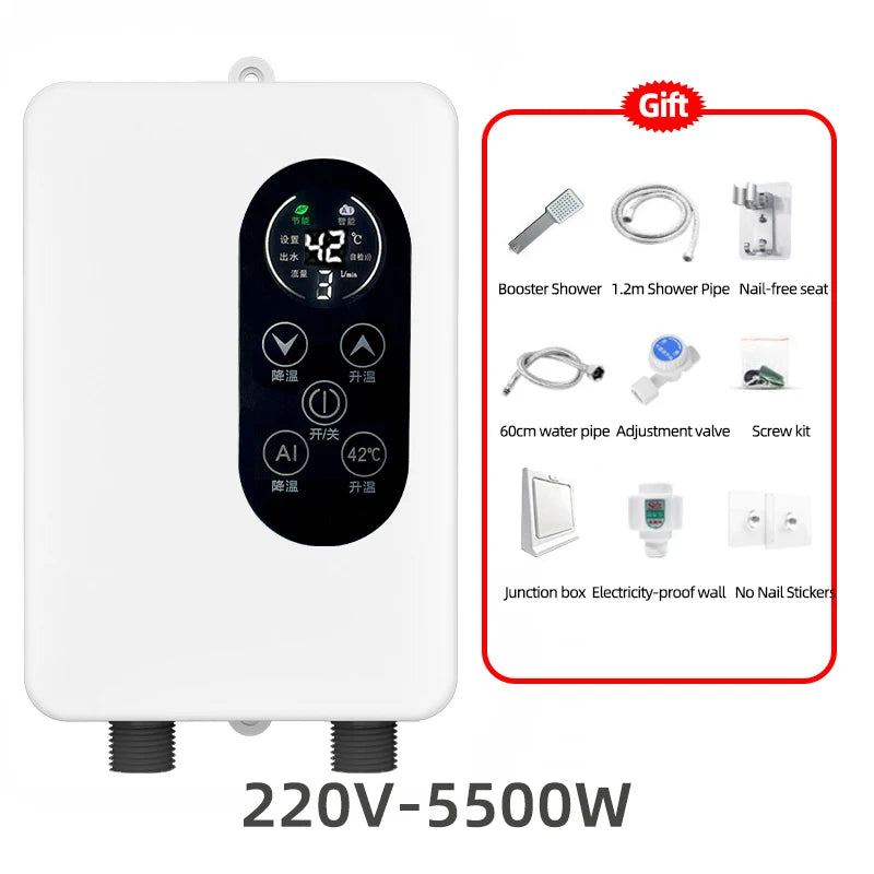 5500W Instant Water Heater 220V Smart Wall Mounted Electric Shower Tankless Instant Water Heater Thermostat for Bathroom Kitchen