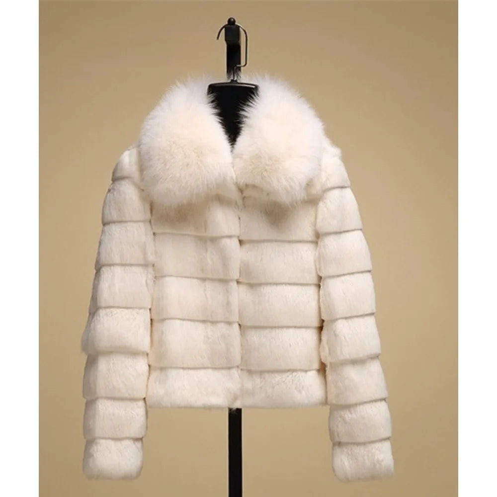 OFTBUY 2024 New Real Rabbit Fur Coat with Fox Fur Collar Women Full Pelt Fox Fur Jacket Winter Rabbit Fur Waistcoat High Street