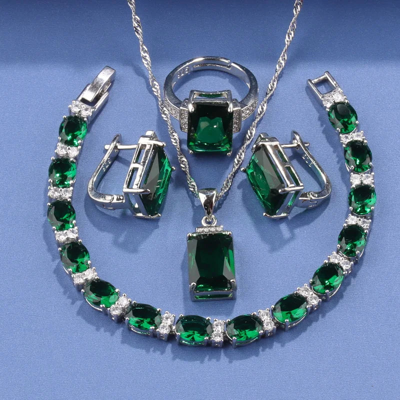 Rectangle 925 Silver Jewelry Accessory Fashion Vintage Original Set Of Earrings Women's Ring  Hand Bracelets Necklace Pendant