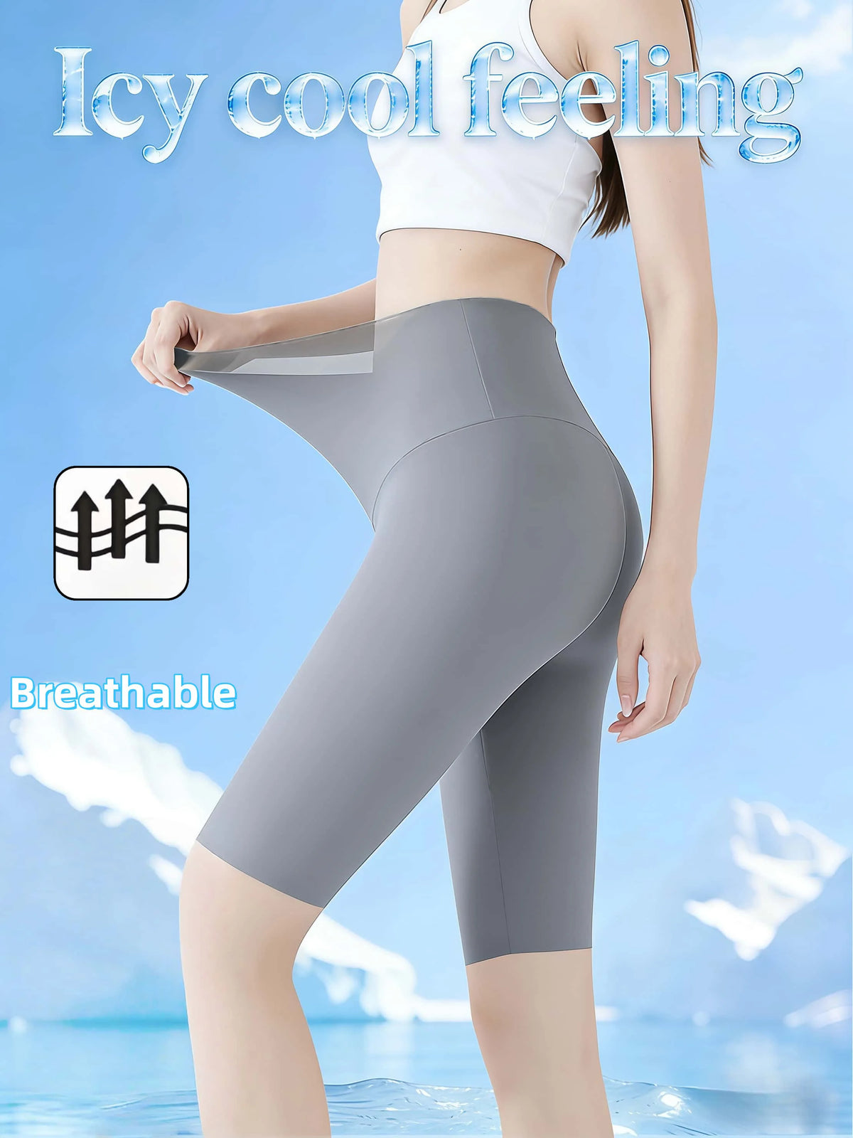 Women's High Waist Tummy Control Grey Icy Cool Biker Shorts Breathable High Stretch Yoga Shorts for Summer Outdoor Streetwear