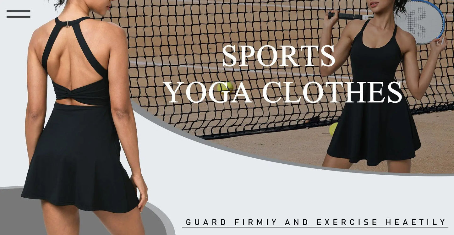 Summer Women Sexy Backless Tennis Dress Sleeveless A-lined Athletic Dress Built-in Bra & Shorts Ladies Elastic Workout Skirts