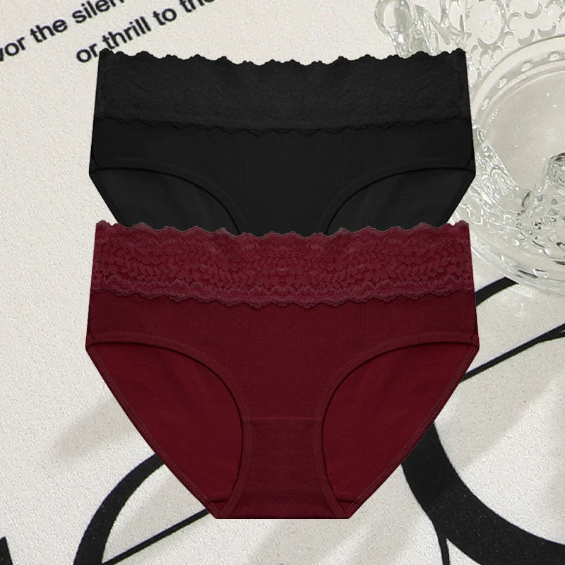 FINETOO 2Pcs Women Cotton Seamless Underwear Sexy Lace Waist Patchwork Panties Female Solid Briefs Plus size Breathable Lingerie