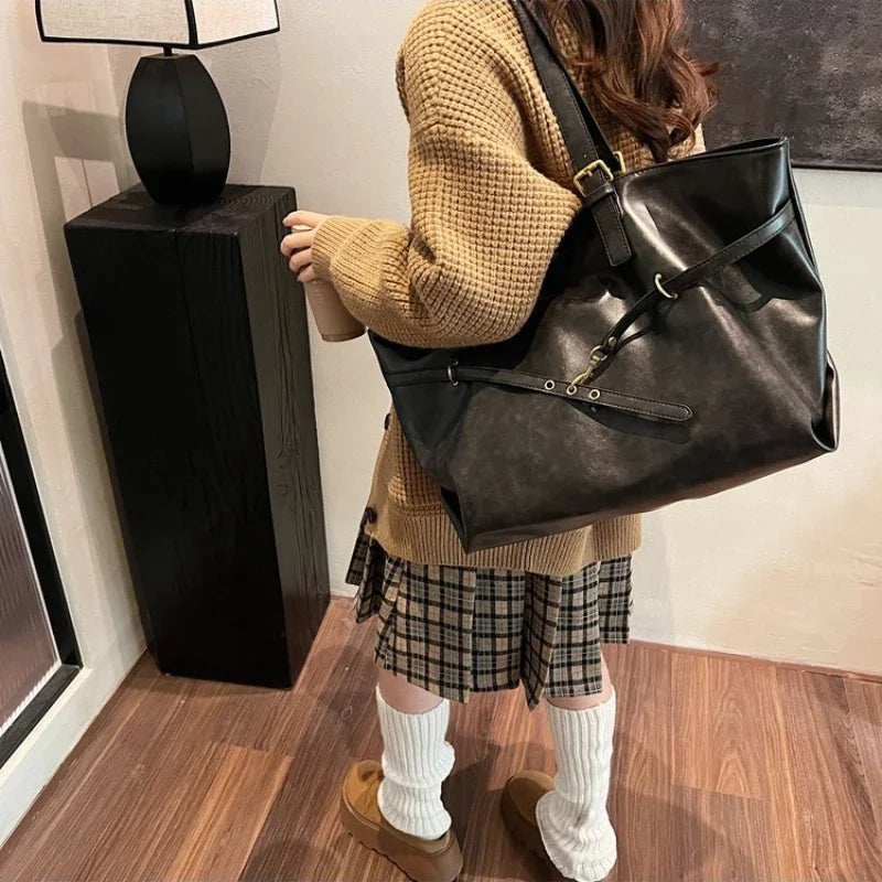 Tote Bag Designer Retro PU Leather Shoulder Handbag For Women Winter Trend Y2K Fashion Handbags Females Travel Luxury Tote Bags