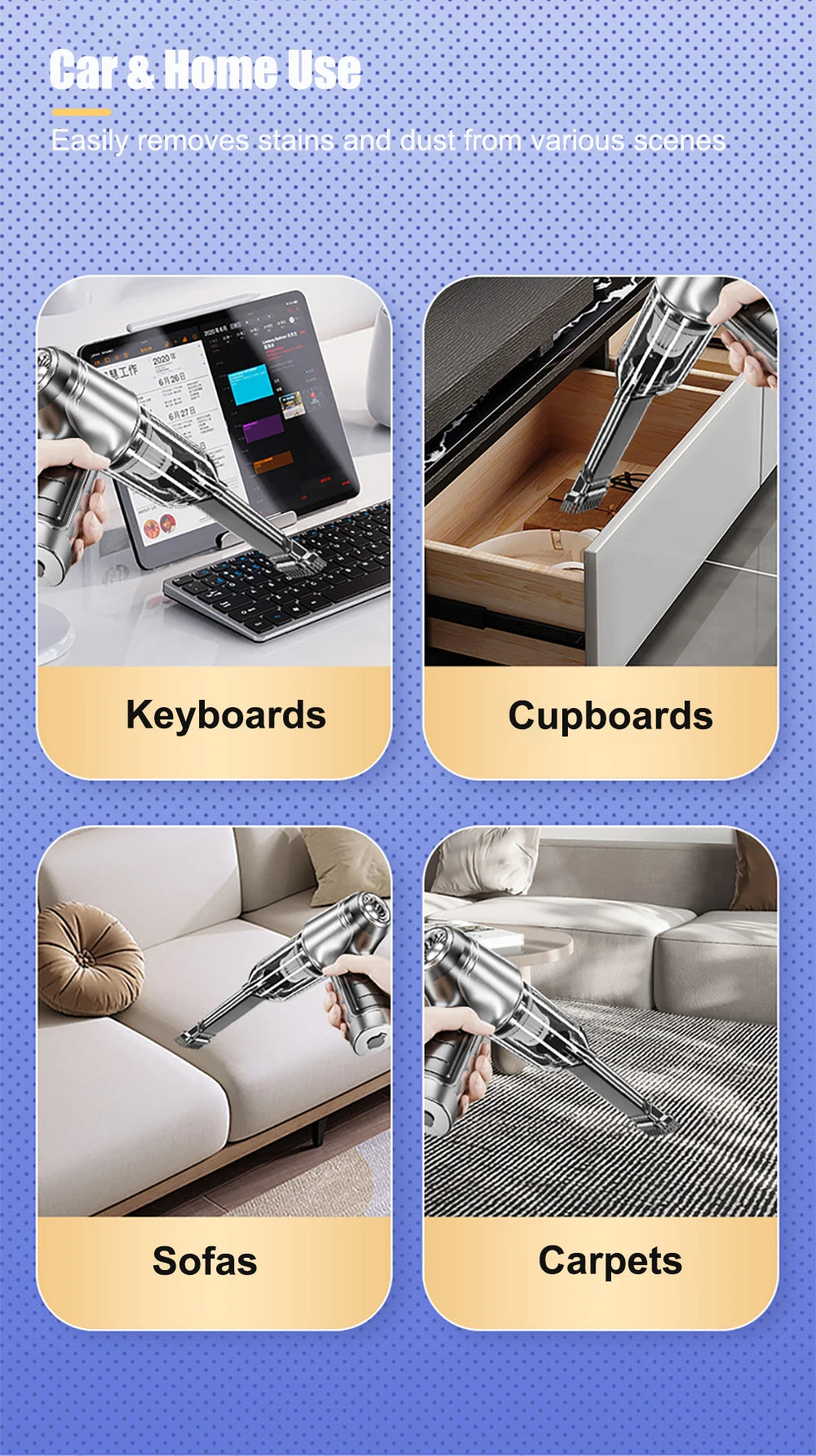 Car Vacuum Cleaner Wireless 95000PA Strong Suction Vacuum Cleaner Portable Handheld Vacuum Cleaner Blower 2in1 for Car Home