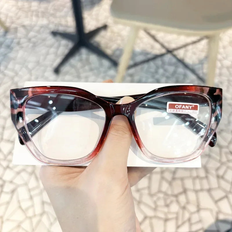 Women's Fashion Glasses Anti-Blue Light Trendy Luxury Large Frame Cat Eye Presbyopia Glasses Full Frame Premium Color Blocked