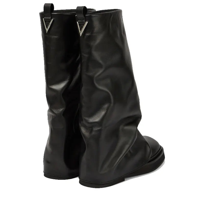 Women's New Autumn and Winter Calf Boots with Pleated Thick High Heels and Fashionable Oversized Street Leather Mid Leg Boots