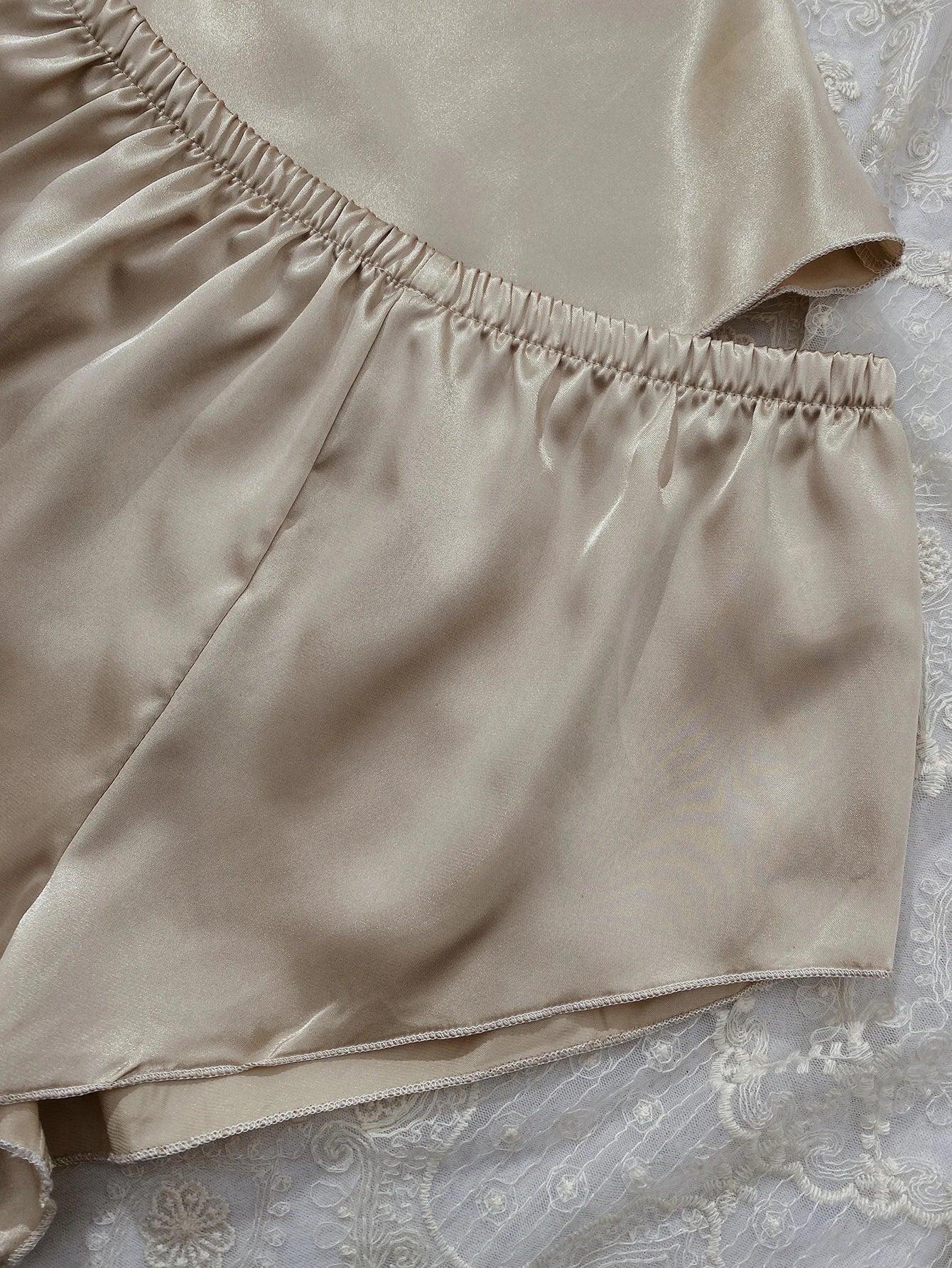 Solid Satin Pajama Set  V Neck Cami Top   Elastic Waistband Shorts Women's Sleepwear  Loungewear