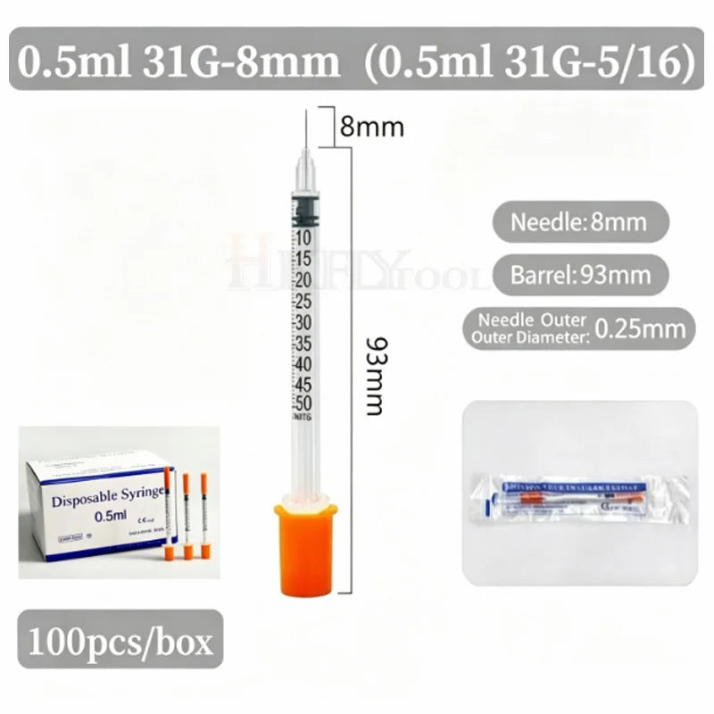 100Pcs 0.3ml/0.5ml/1ml Sterile Individually Syringe 29Gx13mm 31G 8mm 6mm needles for Pet Veterinary Lab Industrial Dispensing