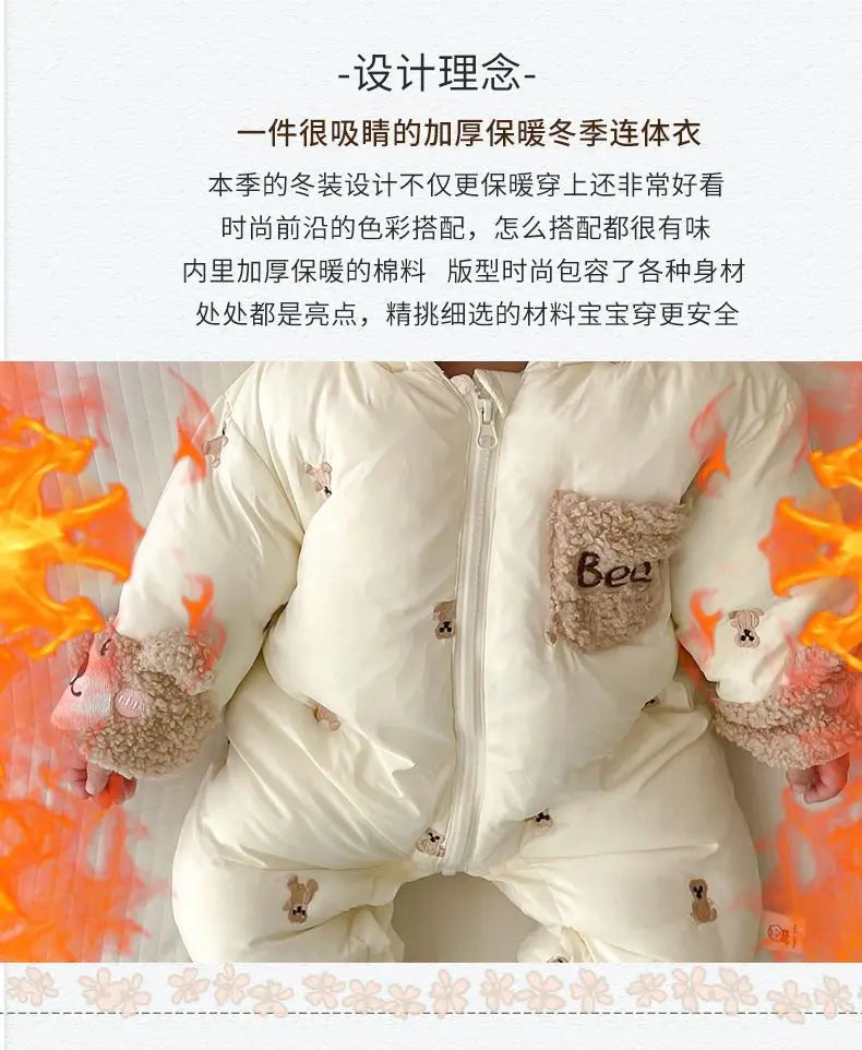 New Winter Thick Keep Warm Boys Girls Rompers Lined With Velvet Cartoon Bear Pattern Hooded Bodysuits For 1-2 Years Old Kids