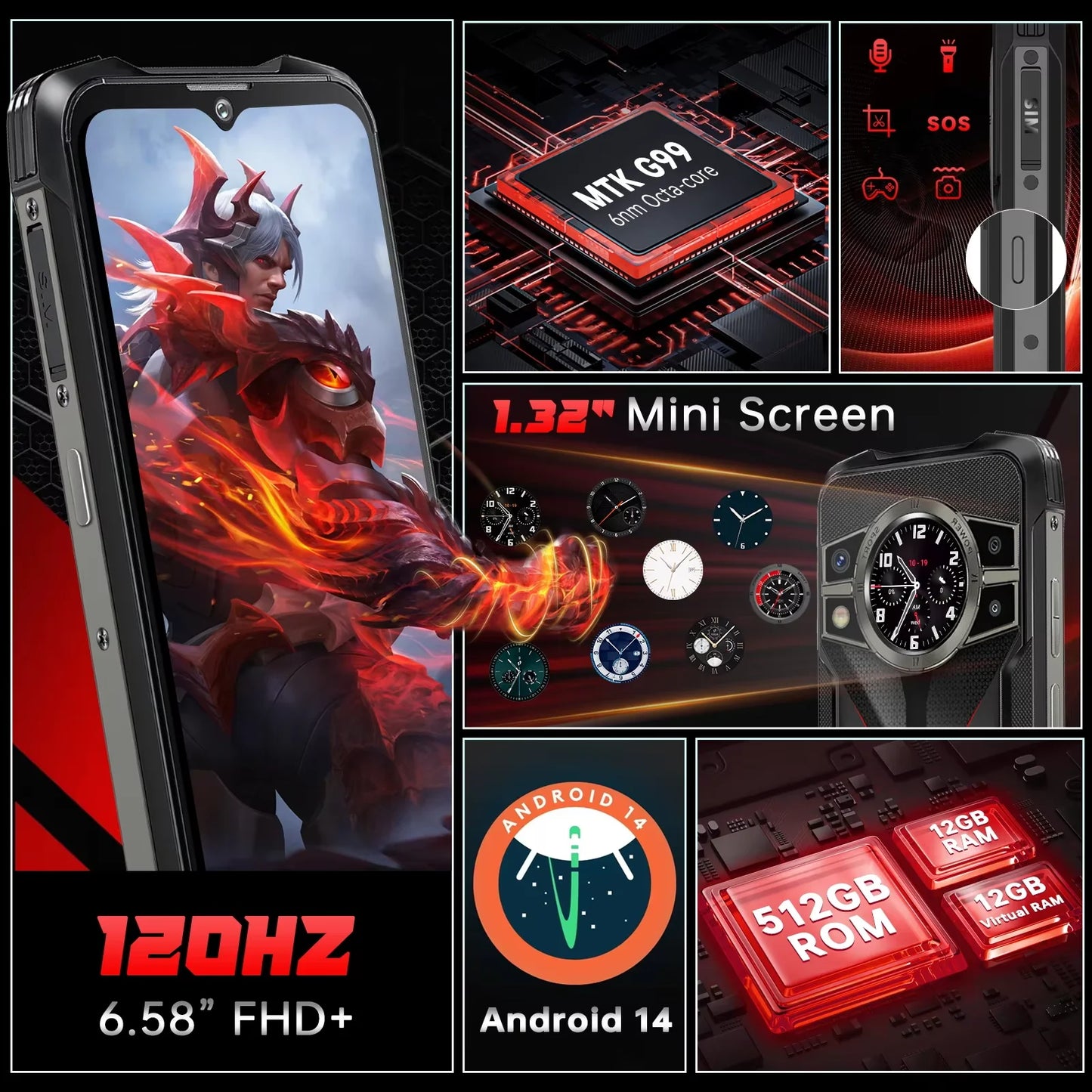 CUBOT KingKong 9,Android 14,24GB+512GB/1TB,10600mAh/33W,100MP+24MP Night Vision,6.58''FHD+1.35"Mini Screen,4G Dual SIM/NFC/IP68