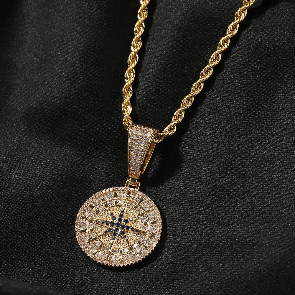 UWIN Compass Pendant Necklaces for Men Women Iced Out Black and White Cubic Zirconia Charms Fashion Jewelry for Gift