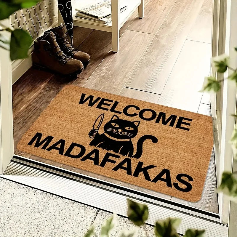 Welcome Madafakas Cat Doormat – Funny Meme-Themed Floor Mat with Angry Cat & Knife Graphic, Humorous Entryway Decor Carpet
