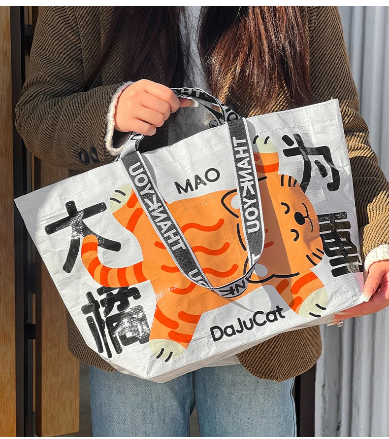 Cute Cat Waterproof Woven Shopping Bag Cartoon Shoulder Bag Reusable Totes Portable Handbag Laundry Bag For Grocery Clothes