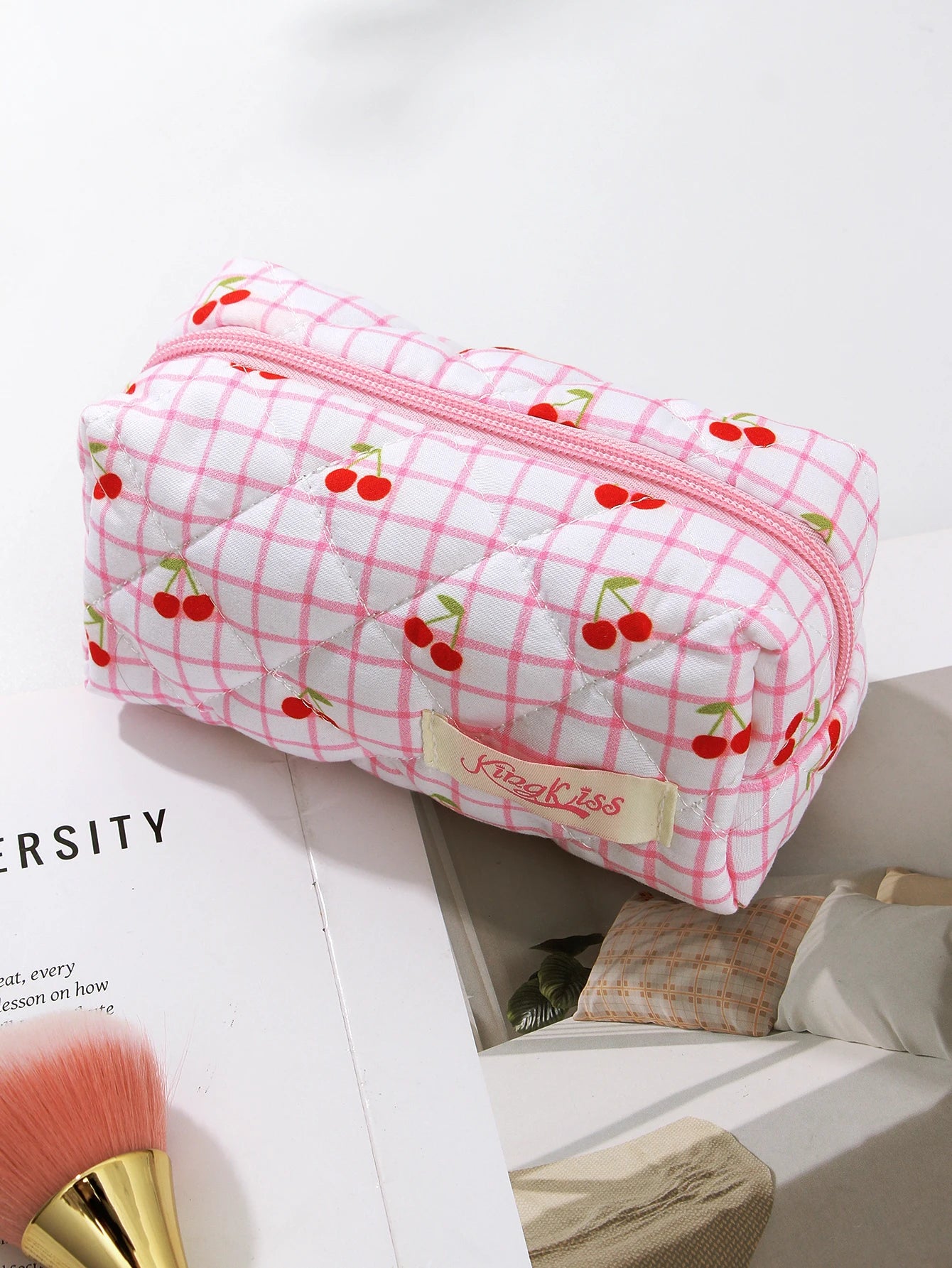 1pc/set Large Pink Cherry Quilted Makeup Bag, Cute Makeup Bag, Travel Makeup Bag, Makeup Storage Bag for Women Girls