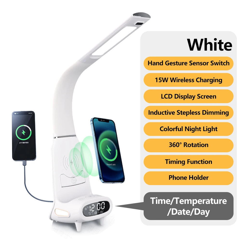 Multi-Function Eye-Protecting Reading Desk Lamp for Students 3000K-6000K Stepless Dimming 15W Wireless Fast Charging Study Light