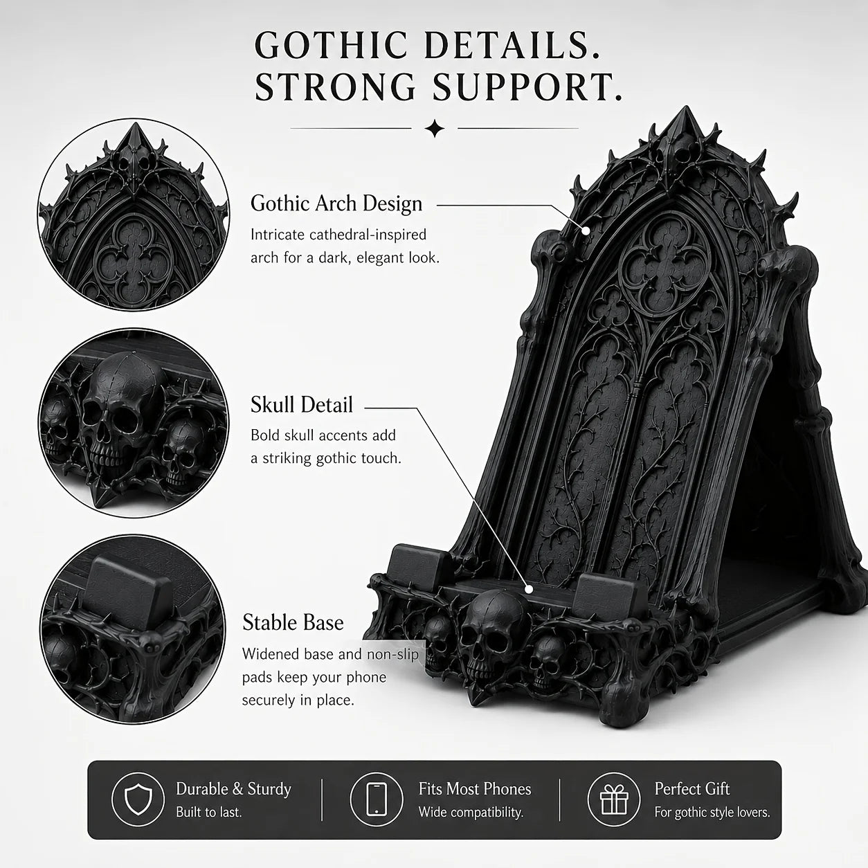 Gothic Skull Phone Stand, Dark Gothic-style Desktop Phone Holder, featuring details of skulls and thorns, decorative phone stand
